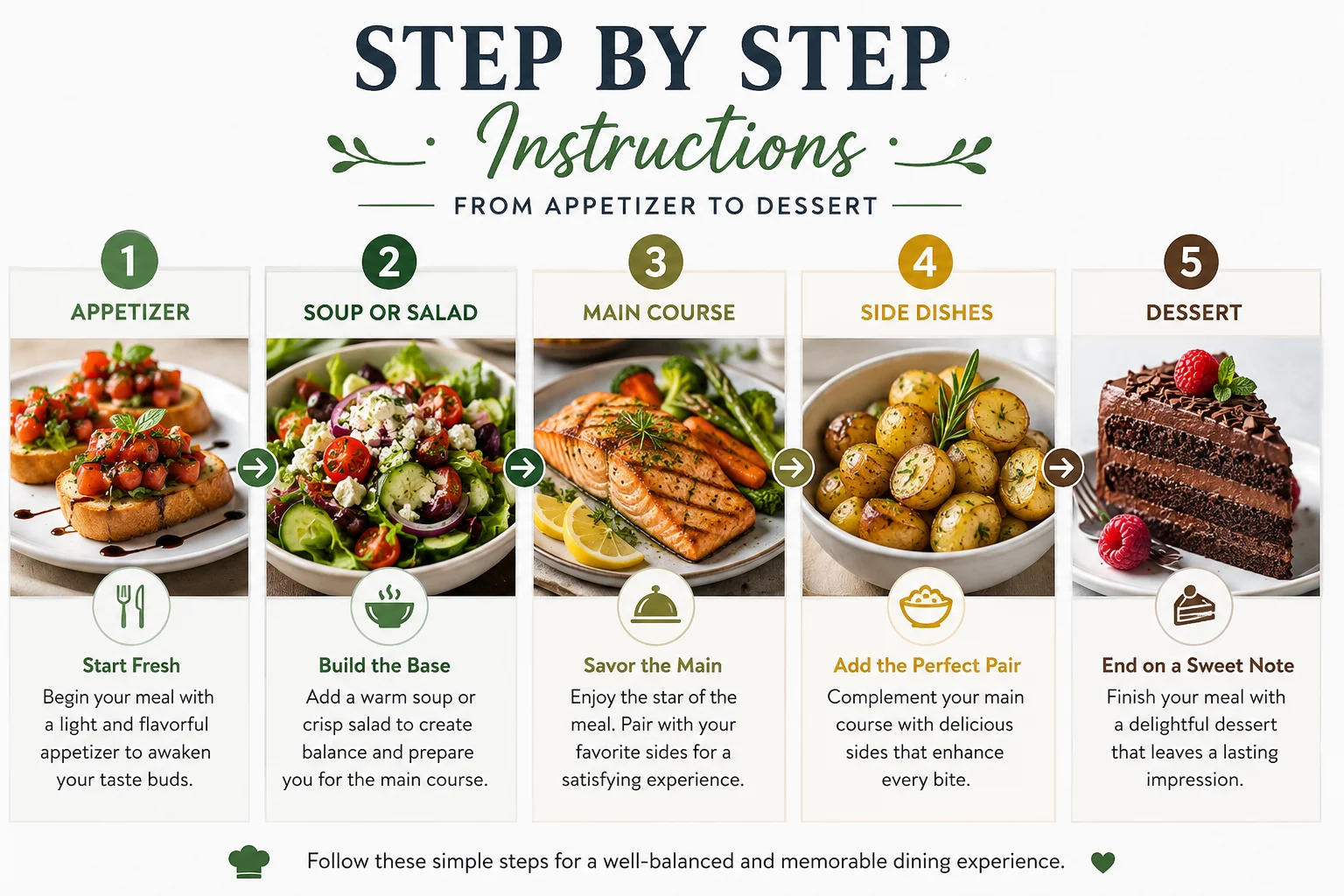 step instructions from appetizer to dessert