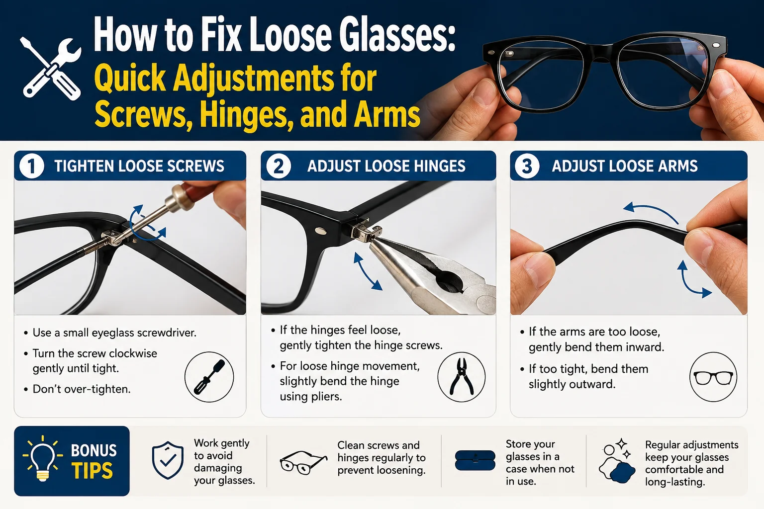 How to fix loose glasses: Quick Adjustments for Screws, Hinges, and Arms